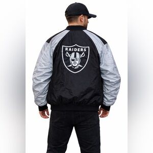 Vintage Raiders Satin Bomber Jacket Black Silver NFL Logo XL